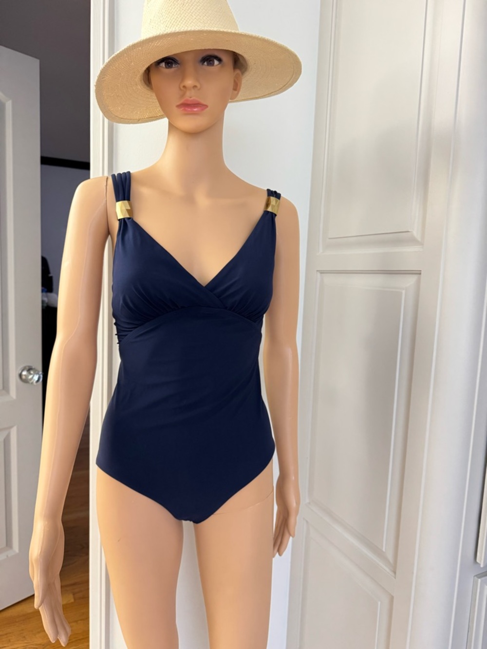Classic Navy One-Piece Swimsuit with Gold Accent